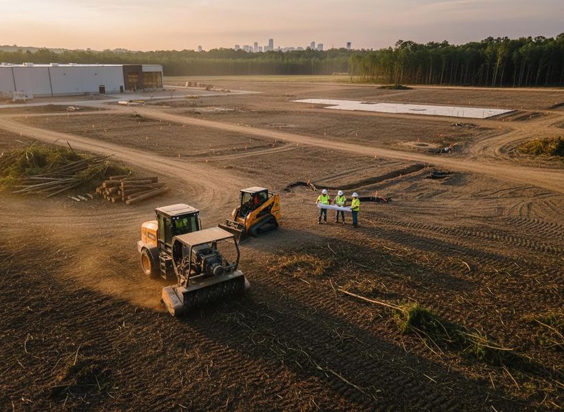 Aerial view of a large construction site at sunrise. Heavy machinery works while three project managers review plans on cleared land. Construction site development with heavy machinery and project team