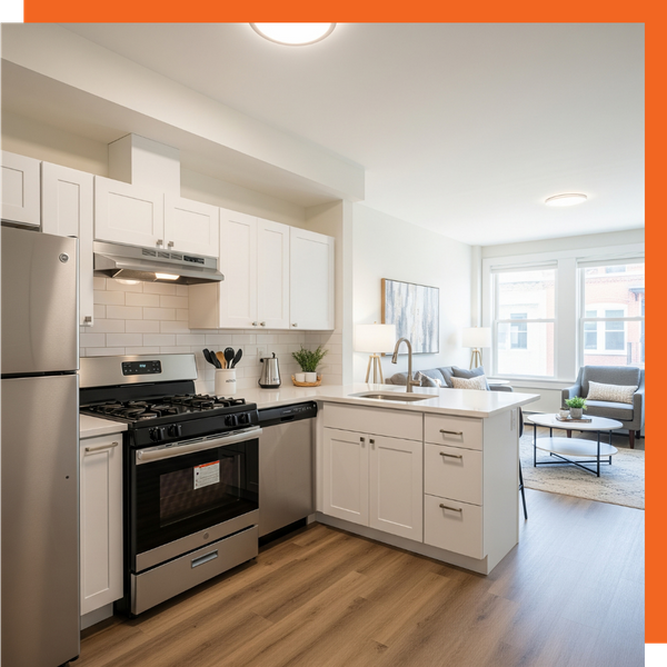 A bright, modern kitchen in a recently refurbished rental apartment, showcasing new appliances and finishes. A bright, modern kitchen in a recently refurbished rental apartment, showcasing new appliances and finishes.