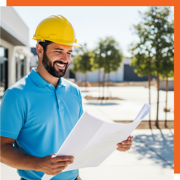A friendly, knowledgeable general contractor in a hard hat reviewing blueprints at a clean Anaheim construction site. A friendly, knowledgeable general contractor in a hard hat reviewing blueprints at a clean Anaheim construction site.