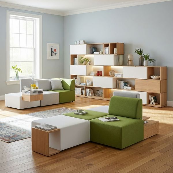 A versatile living area with modular furniture that can be easily rearranged. A versatile living area with modular furniture that can be easily rearranged.