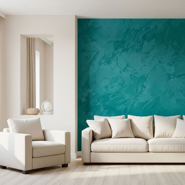 A living room accent wall with a bold, textured dark teal finish. A living room accent wall with a bold, textured dark teal finish.