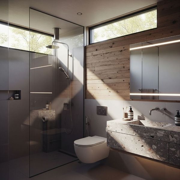 A bright, modern bathroom featuring eco-friendly fixtures and sustainable materials. A bright, modern bathroom featuring eco-friendly fixtures and sustainable materials.