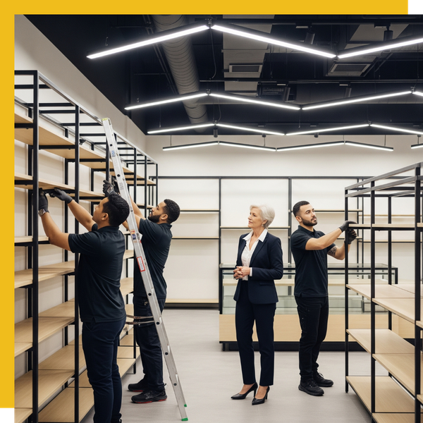 Contractors collaborating with a business owner on a commercial tenant improvement project in a new retail space. Contractors collaborating with a business owner on a commercial tenant improvement project in a new retail space.