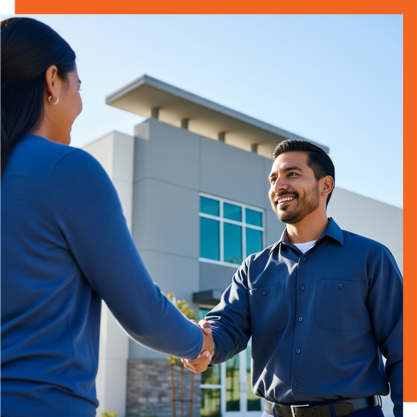 A friendly contractor shaking hands with a satisfied client in front of their newly completed commercial project in Santa Ana. A friendly contractor shaking hands with a satisfied client in front of their newly completed commercial project in Santa Ana.