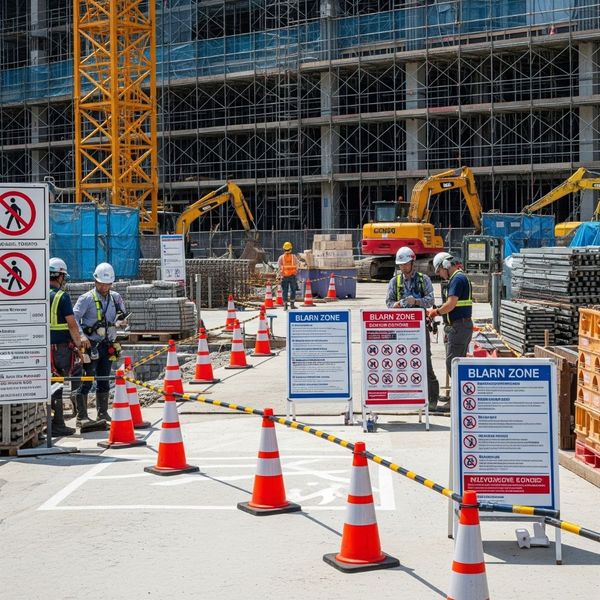 A construction site with safety cones and hard hats, representing a safe and compliant work environment. A construction site with safety cones and hard hats, representing a safe and compliant work environment.
