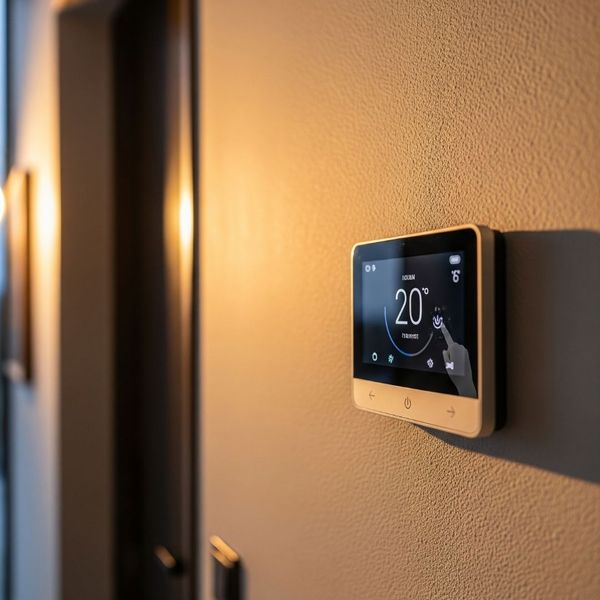 A sleek, modern smart home thermostat on a residential wall. A sleek, modern smart home thermostat on a residential wall.