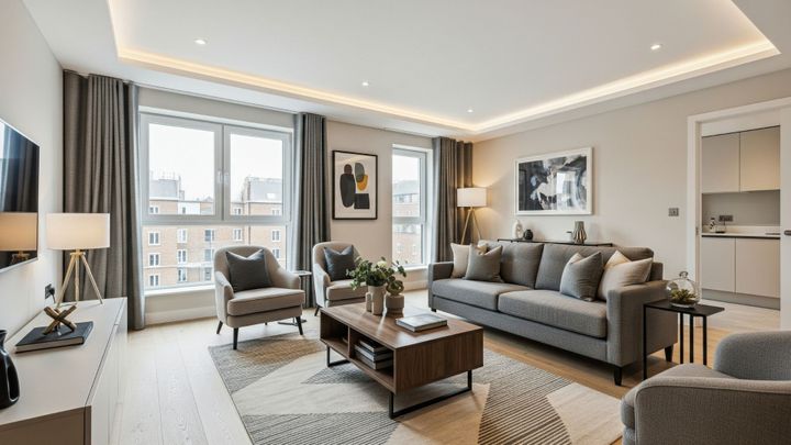 A modern and stylishly refurbished apartment living room, a prime example of rental property refurbishment.