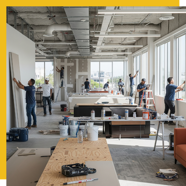 Professional contractors working on a commercial remodeling project in a bright, modern Orange County office space. Professional contractors working on a commercial remodeling project in a bright, modern Orange County office space.