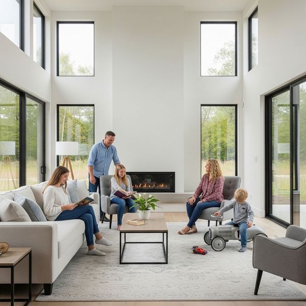 A family enjoying their newly remodeled living room, showing the peace of mind a successful project brings. A family enjoying their newly remodeled living room, showing the peace of mind a successful project brings.