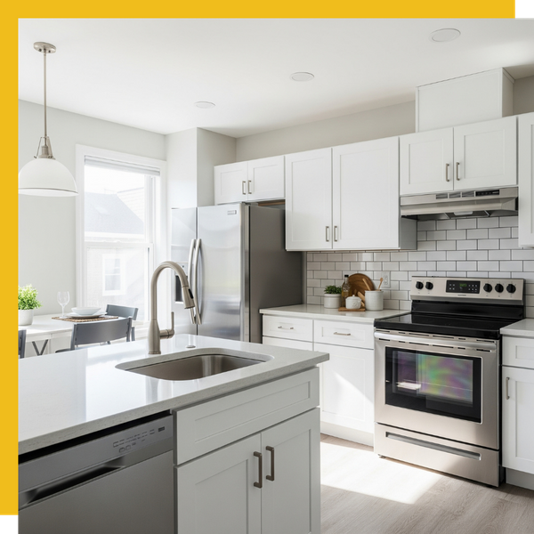 A newly updated apartment kitchen with white cabinets and stainless steel appliances, an example of a successful rental property refurbishment. A newly updated apartment kitchen with white cabinets and stainless steel appliances, an example of a successful rental property refurbishment.