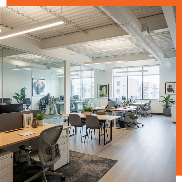A modern, open-concept office space with glass walls and new lighting, representing a professional commercial tenant improvement. A modern, open-concept office space with glass walls and new lighting, representing a professional commercial tenant improvement.