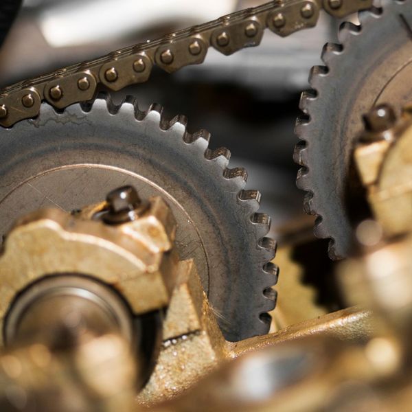 Close up of a timing chain and gears