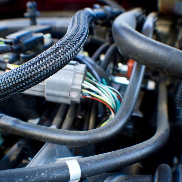 various hoses and wire looms in an engine bay