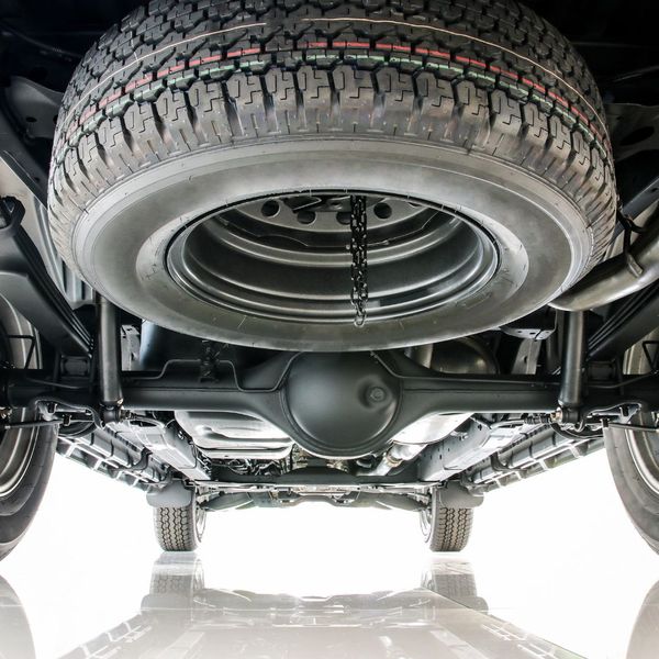 Undercarriage view of a car's suspension