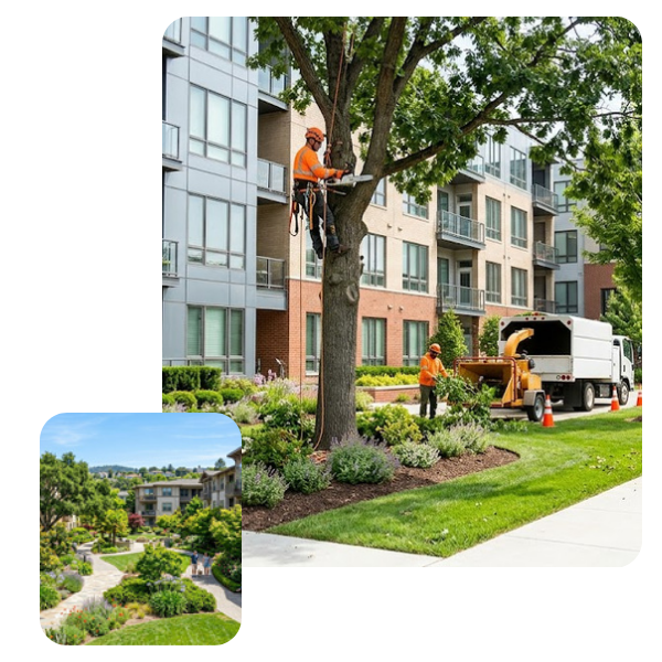 tree service crew maintaining trees outside an apartment complex