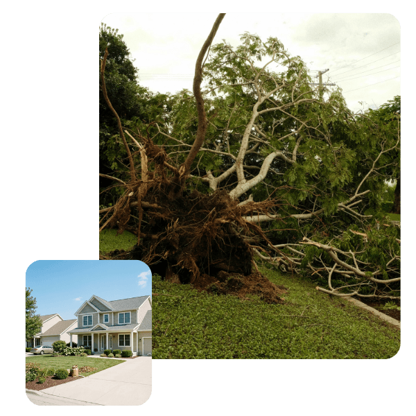 Massive uprooted tree fallen from storm damage, inset with a safe, restored San Ramon Village house and clear driveway after hazard mitigation.