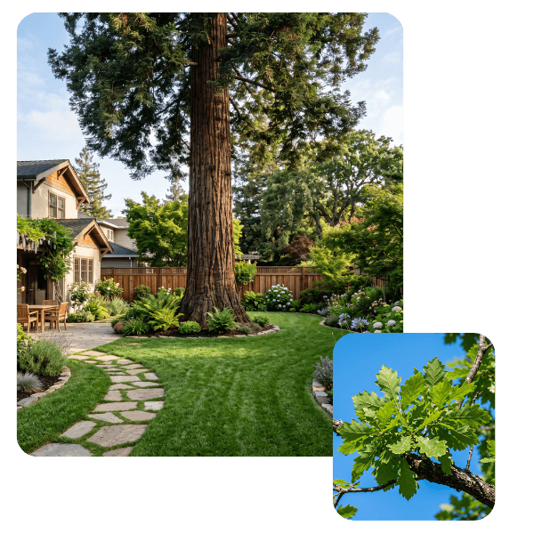 Towering coastal redwood tree anchoring a landscaped San Ramon Village backyard with a flagstone pathway, inset with green oak foliage.