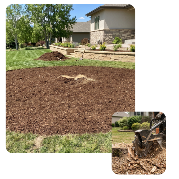 a freshly ground tree stump area with smooth mulch surface