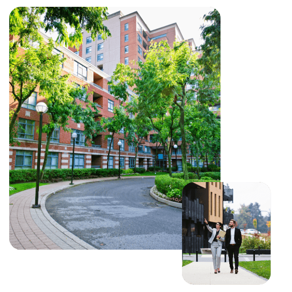 Multi-story commercial apartment complex with manicured trees, inset with property managers conducting a grounds inspection.