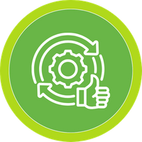 A green circular icon featuring line-art of gears and a thumbs-up representing high-quality service.
