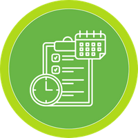 A green circular icon featuring line-art symbols of a clipboard, a clock, and a calendar for scheduling.