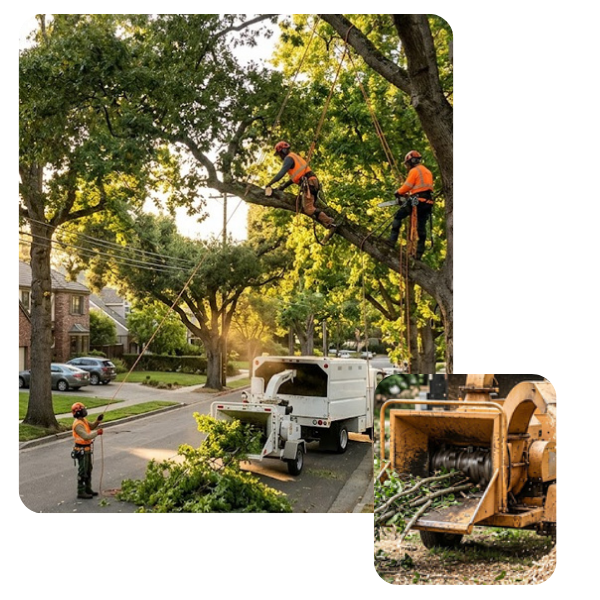 a tree service crew working in a Bay Area residential neighborhood during golden hour