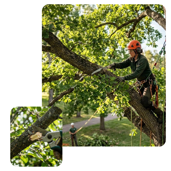 an arborist pruning overgrown branches from a mature oak tree