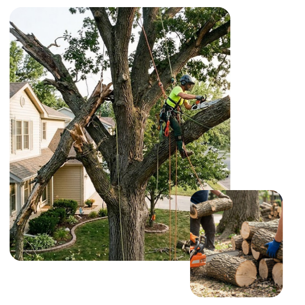 a hazardous tree being safely removed near a residential property