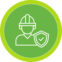A green circular icon featuring a line-art worker wearing a hard hat and a safety shield.