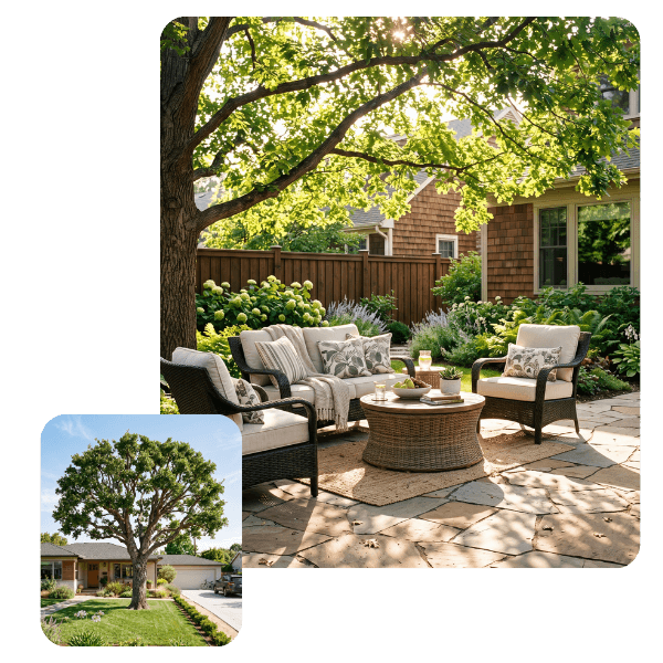 Sunlit stone patio with outdoor wicker seating under a pruned tree canopy, inset with a well-shaped shade tree in a suburban front yard.