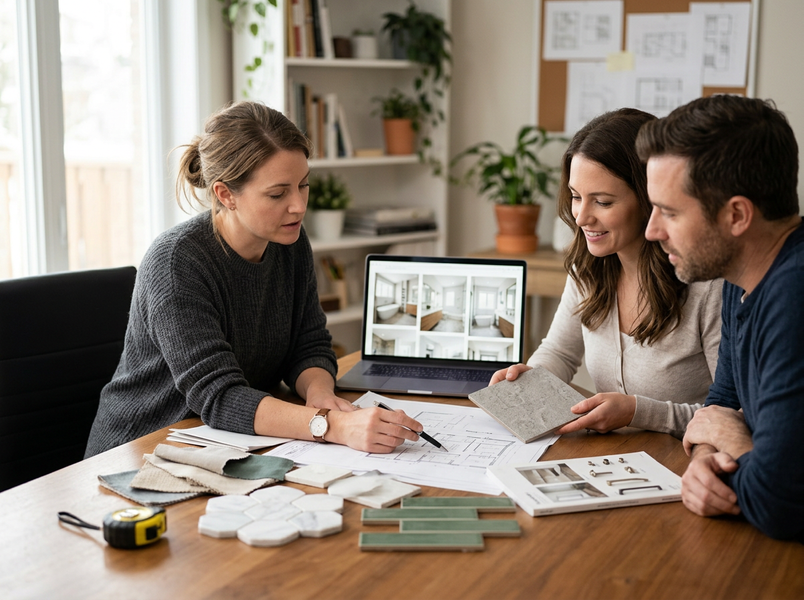 A designer, a man, and a woman are at a table, reviewing blueprints, material samples like tiles and fabrics, and bathroom designs on a laptop. Home Renovation Planning with Interior Designer