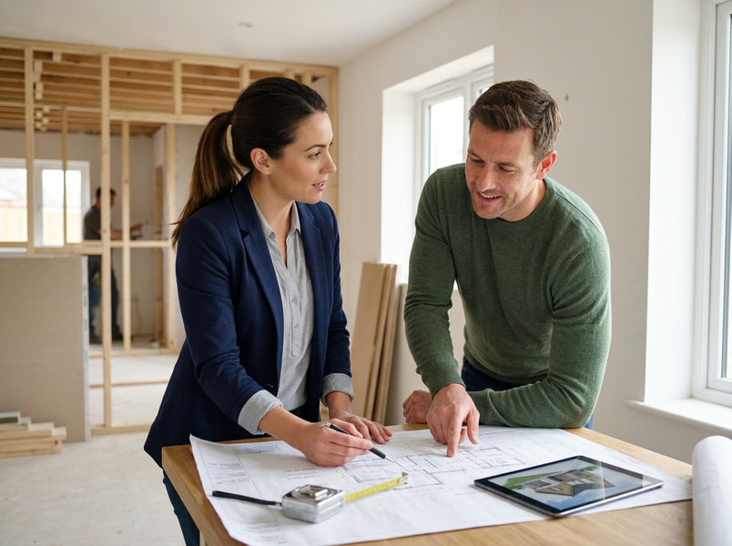 Architect and client review house plans at construction site
