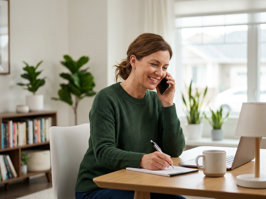 Smiling woman in a green sweater on a phone call, writing in a notebook at her home desk with a laptop and coffee mug. Smiling woman working from home