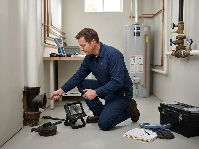 Plumber performing drain pipe inspection with camera