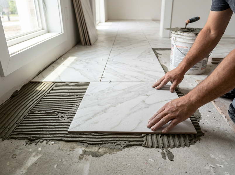 A person's hands are carefully placing a white marble-look floor tile onto a bed of ridged adhesive during a home renovation. Professional Laying Marble Tile Floor
