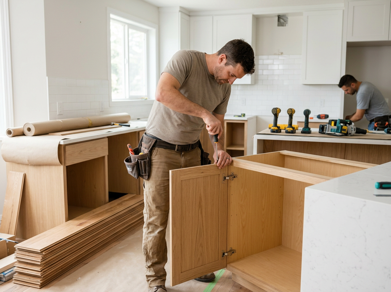 Men Installing Kitchen Cabinets
