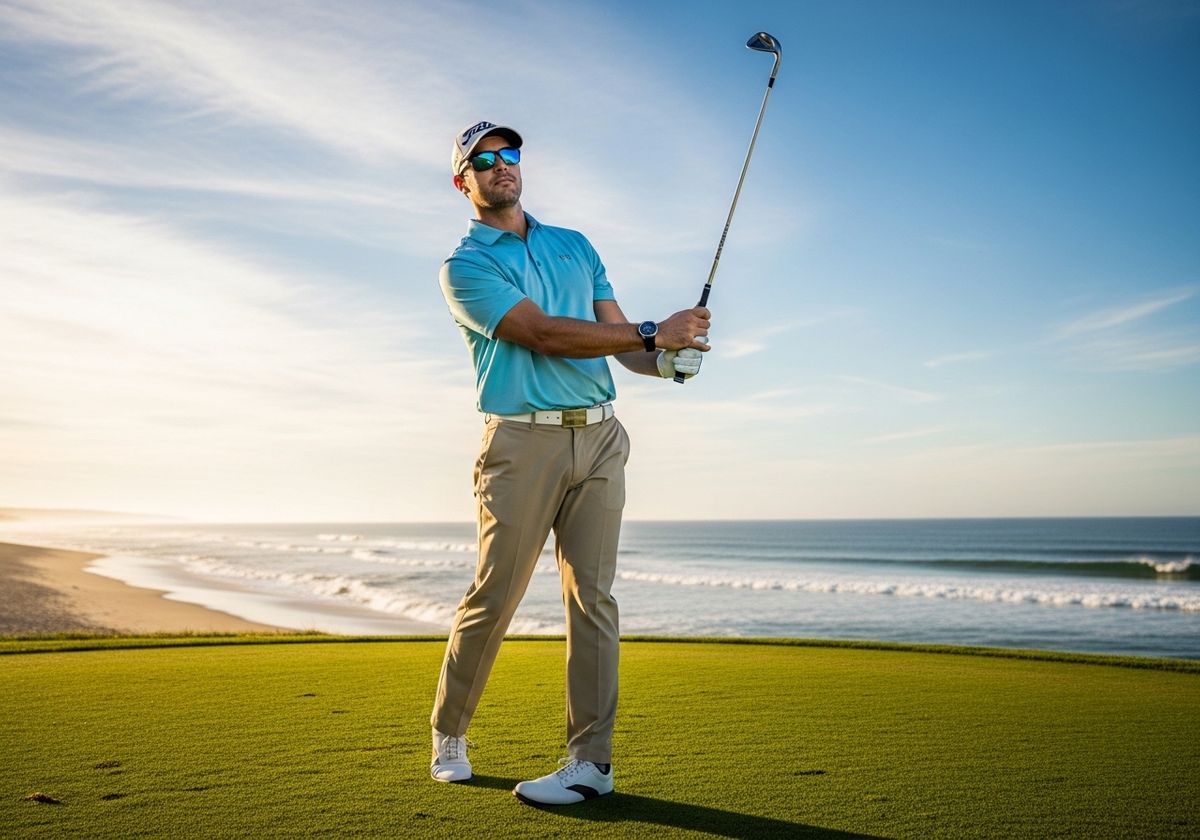 Golfer swinging club on coastal green