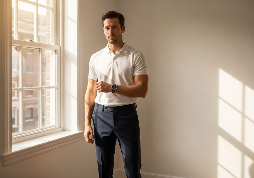 Man in White Polo Shirt and Dress Pants by Window