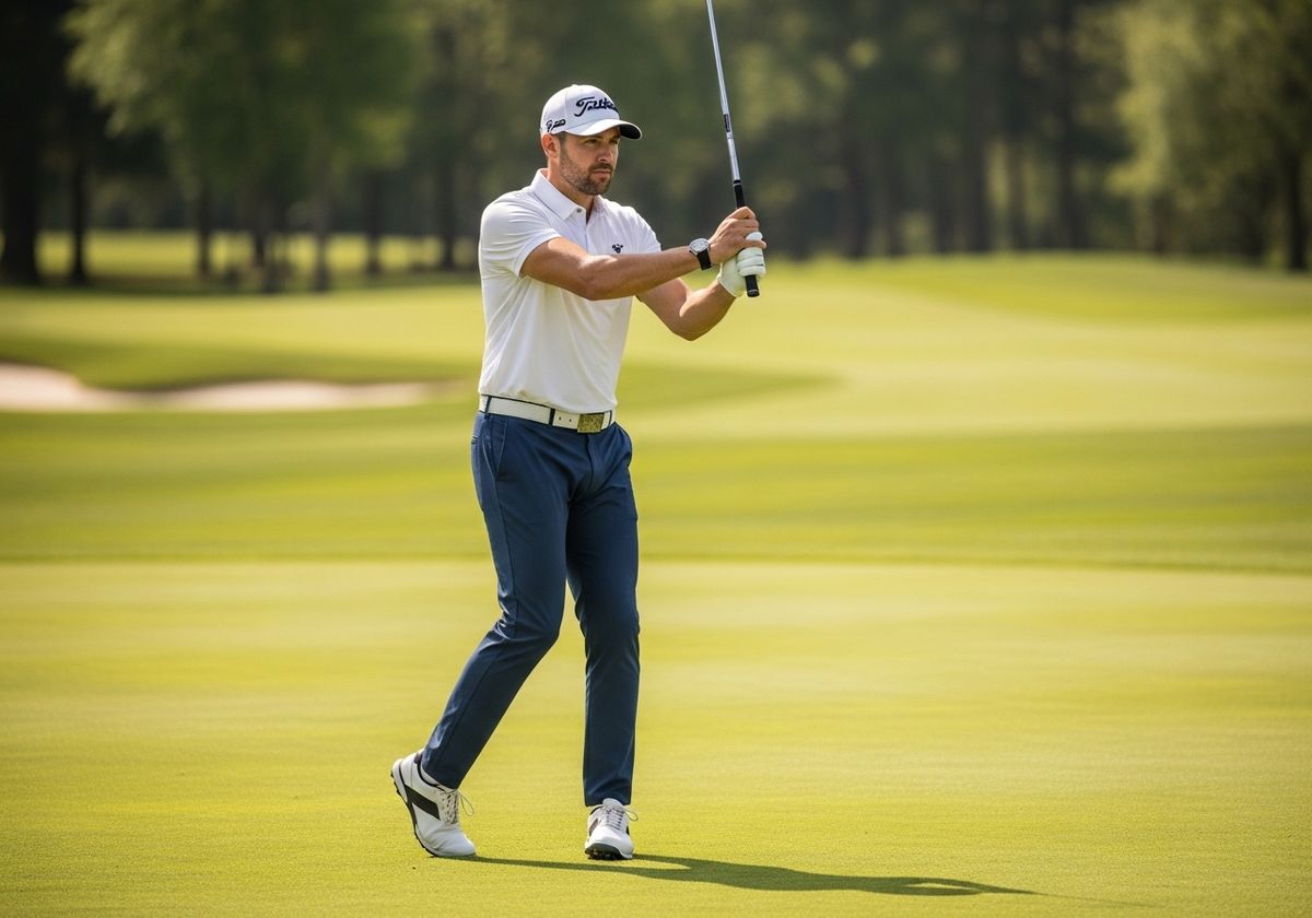 Golfer swinging golf club on the green