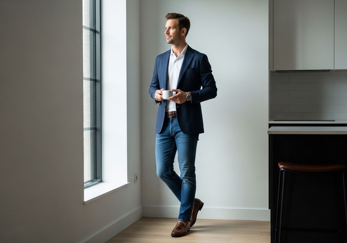 Man in Blazer and Jeans with Coffee