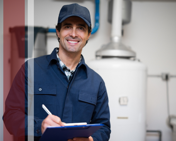 HVAC tech smiling and standing in front of a water heater