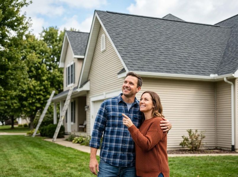 A smiling man and woman stand in front of their house with a newly installed dark grey asphalt shingle roof, looking up happily. Ladders are visible. Couple Admiring New Roof on Their Home