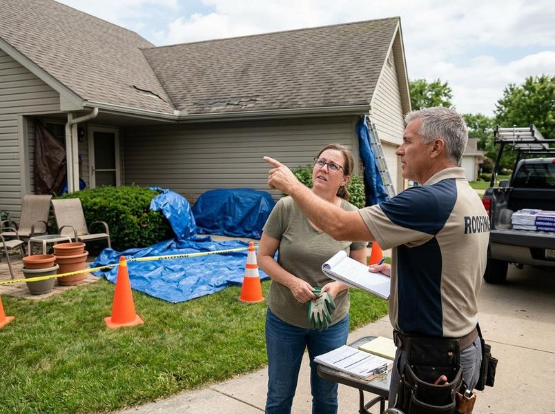A homeowner in gloves points at her damaged house roof with a roofing contractor, who holds a clipboard. Blue tarps and caution cones are around the house, indicating ongoing repairs or inspection after damage. Roofing Contractor and Homeowner Discussing Roof Damage