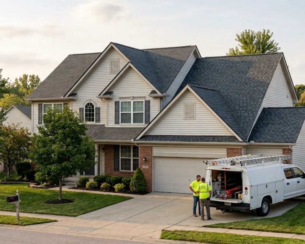 service van outside of home with new roof 