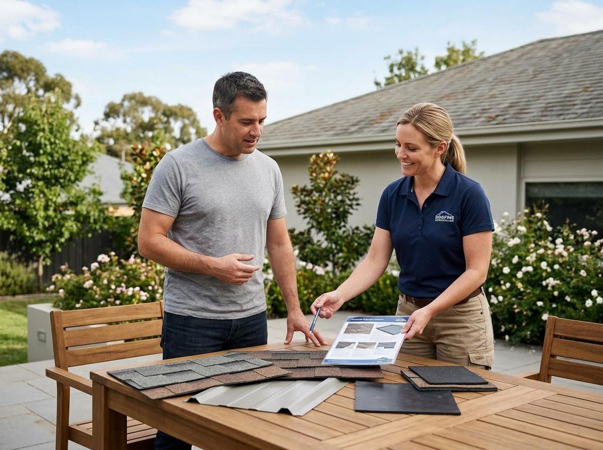 Roofing expert and homeowner discussing options