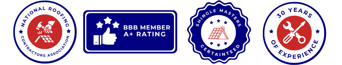four trust badges that read "National Roofing Contractors Association, BBB Member A+ Rating, Shingle Masters CertainTeed, 10+ Years of Experience"