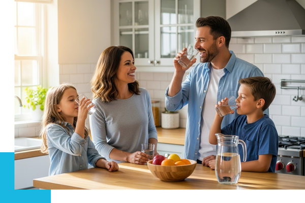 a happy family enjoys drinking clean, refreshing water together in their bright, modern kitchen