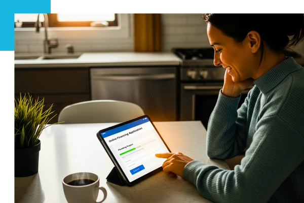 homeowner smiling with relief while easily applying for plumbing project financing on a tablet in their kitchen