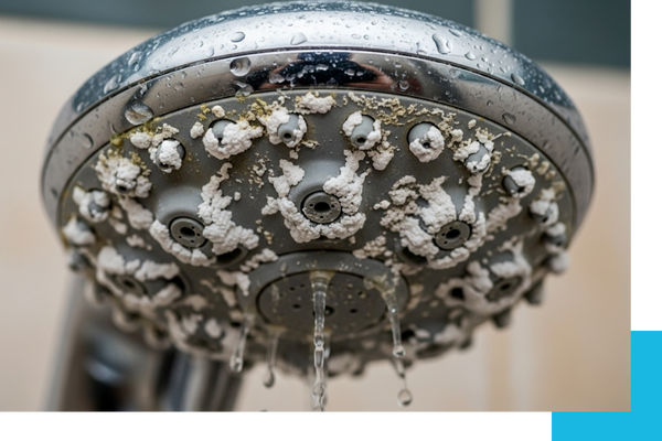 a shower head clogged with limescale and mineral buildup