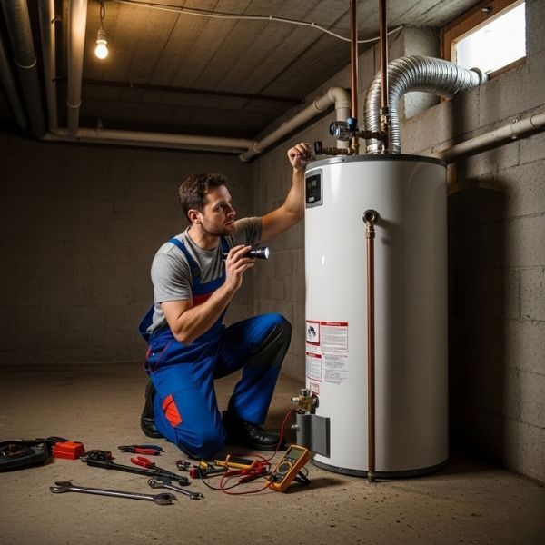 a plumber inspecting a residential water heater in a basement